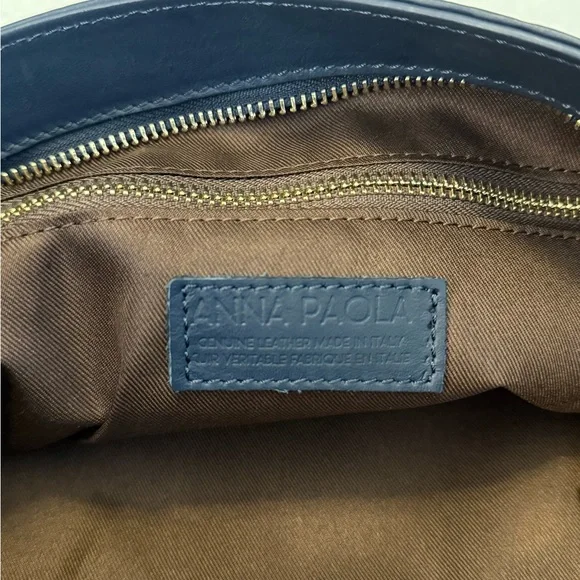 Anna Paola Leather Basketweave Zip Top Brit Shoulder Bag Made in Italy Navy Blue - Picture 8 of 10